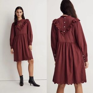 Madewell Embroidered Ruffled Flannel Mini Dress Vintage Mulberry Size Small